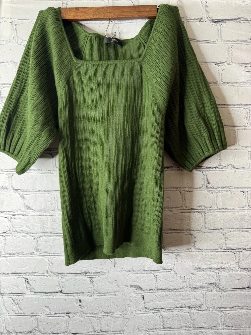 J. Crew Olive Green Square Neck Puff Sleeve Sweater size medium